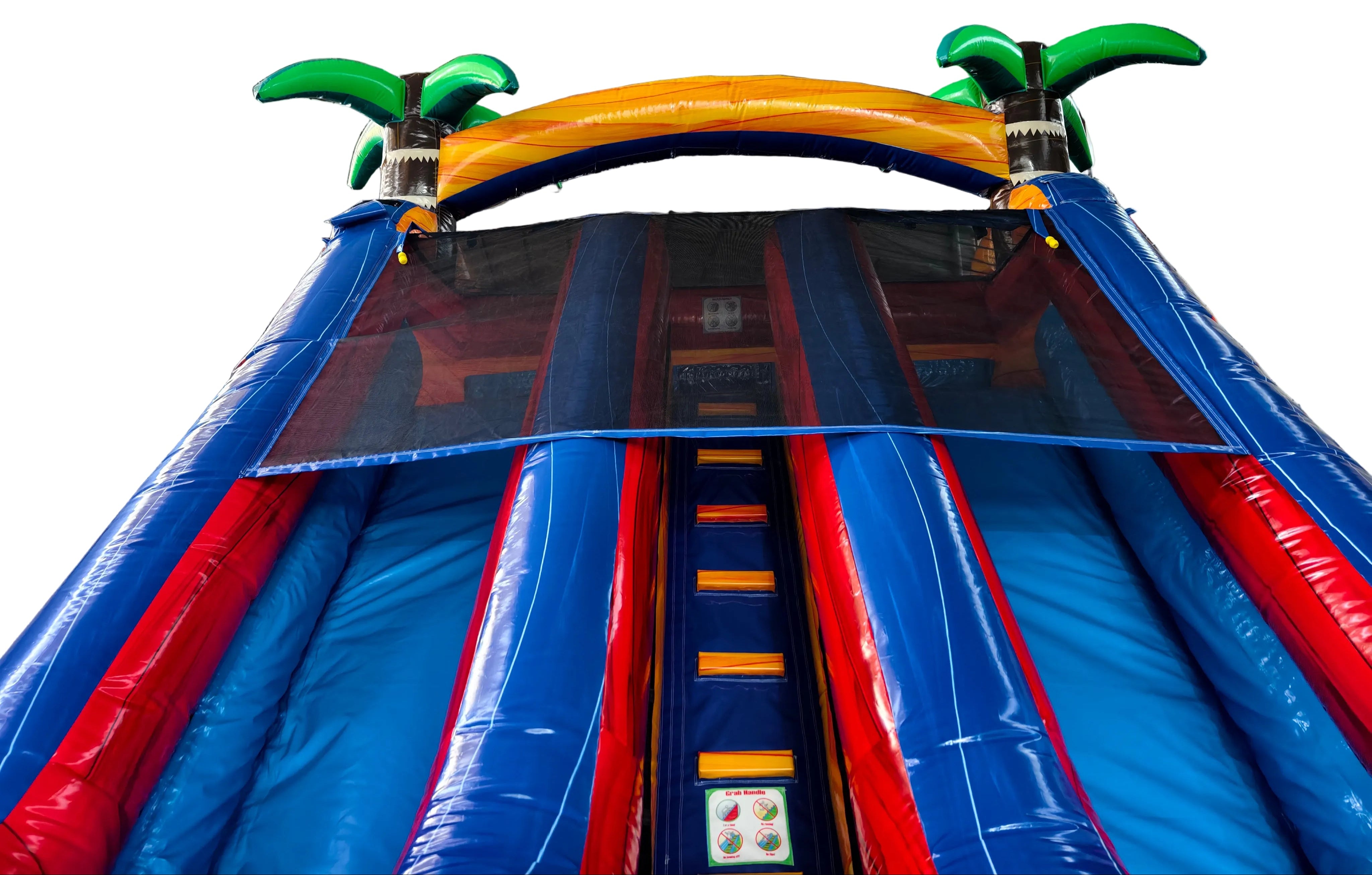 18 Double lane water slide-Dual Lane Tropical Dual Lane Water Slide – Blue/Orange/Red
